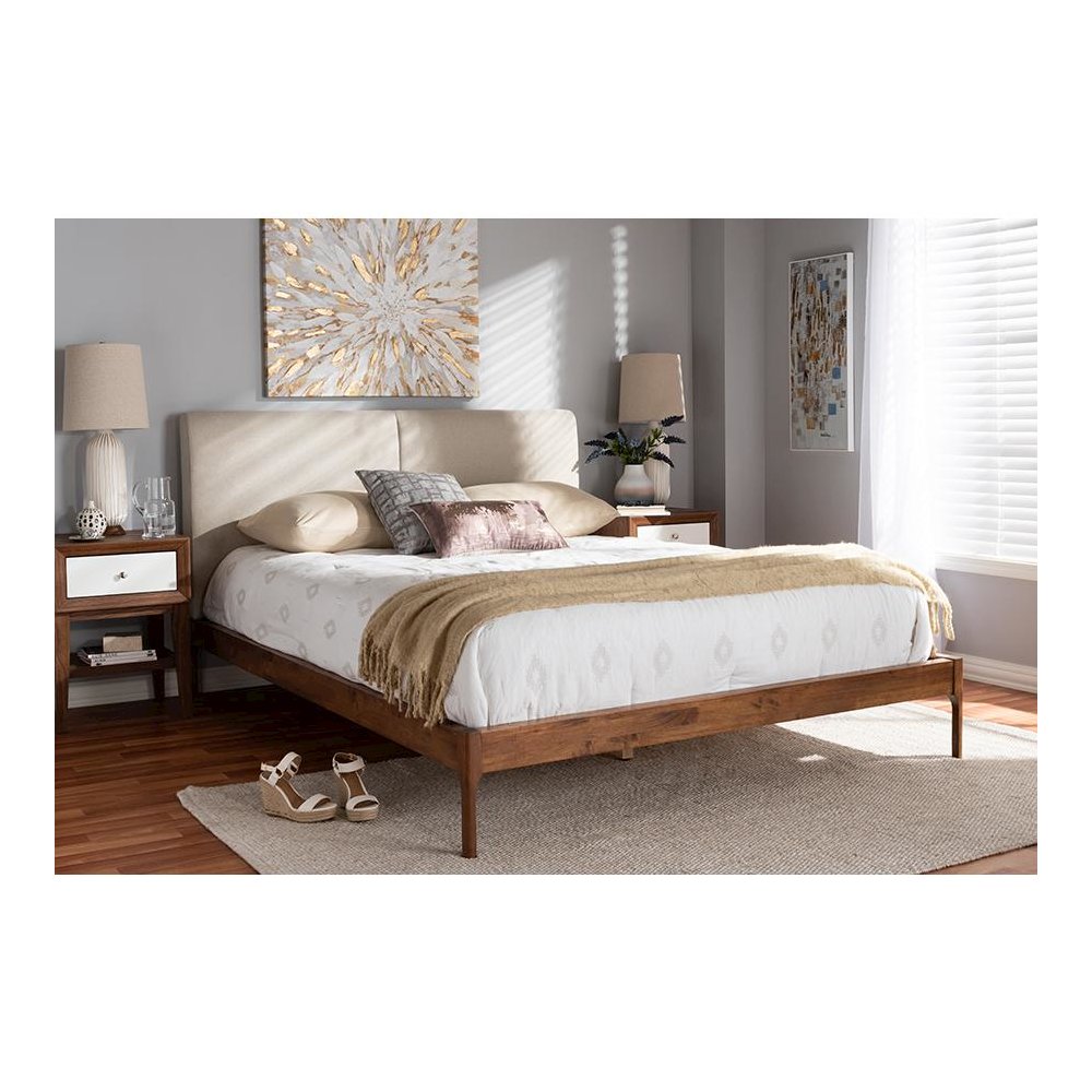 Mid-Century Modern Beige Fabric Upholstered Full Platform Bed with Walnut Finish