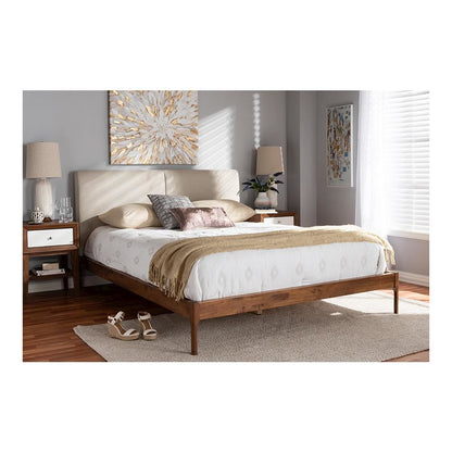 Mid-Century Modern Beige Fabric Upholstered Full Platform Bed with Walnut Finish