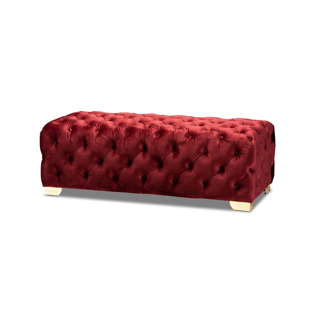 Baxton Studio Avara Glam and Luxe Burgundy Velvet Fabric Upholstered Gold Finished Button Tufted Bench Ottoman
