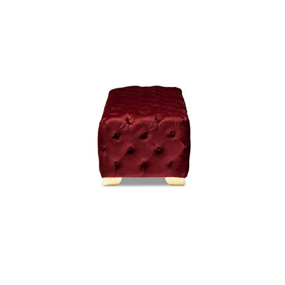 Baxton Studio Avara Glam and Luxe Burgundy Velvet Fabric Upholstered Gold Finished Button Tufted Bench Ottoman