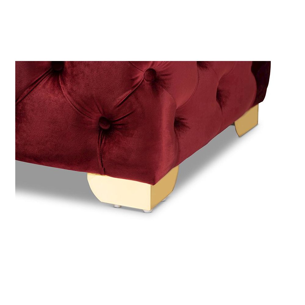Baxton Studio Avara Glam and Luxe Burgundy Velvet Fabric Upholstered Gold Finished Button Tufted Bench Ottoman