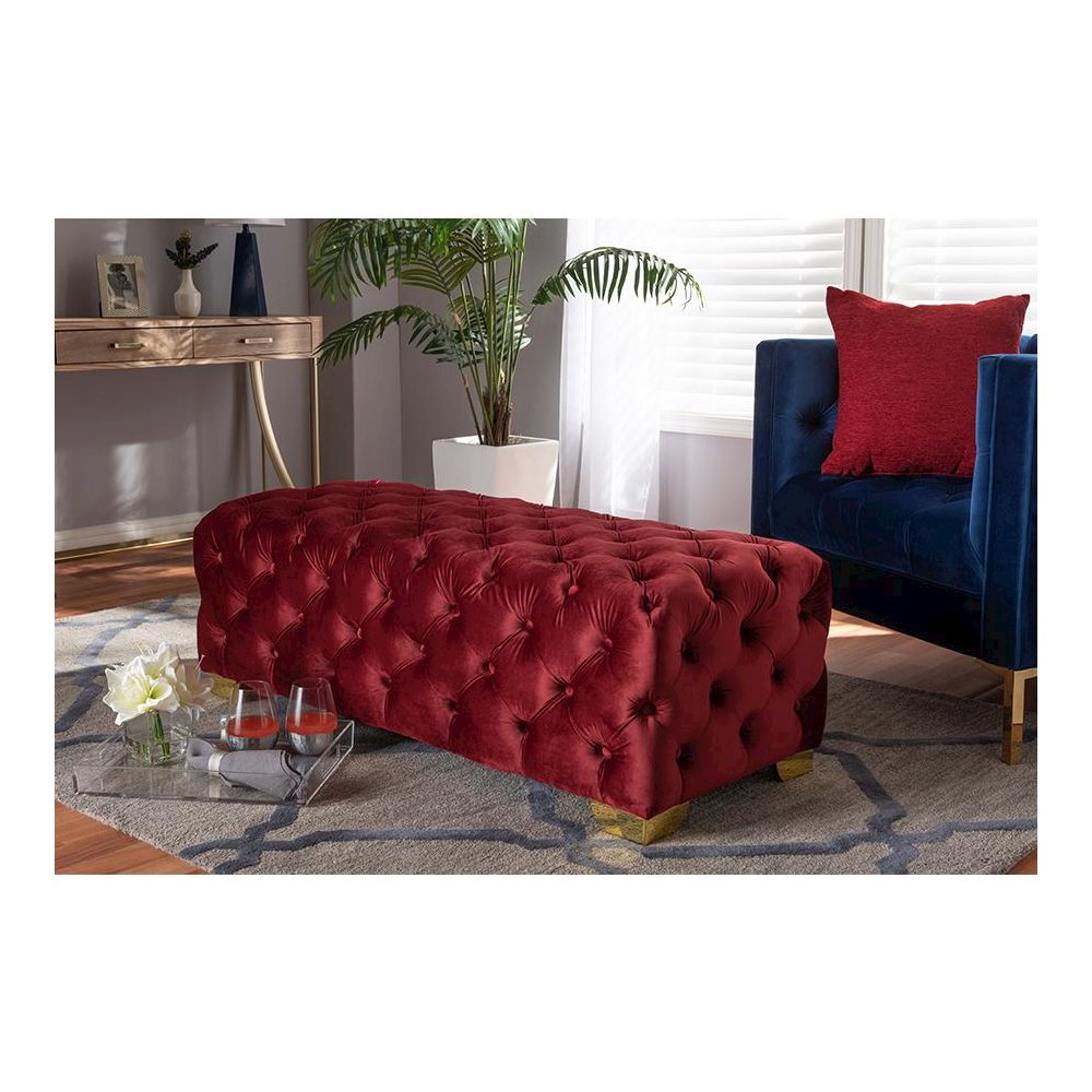 Baxton Studio Avara Glam and Luxe Burgundy Velvet Fabric Upholstered Gold Finished Button Tufted Bench Ottoman