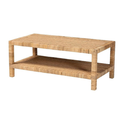 Light Honey Rattan and Mahogany Wood Coffee Table with Rattan-accent Frame
