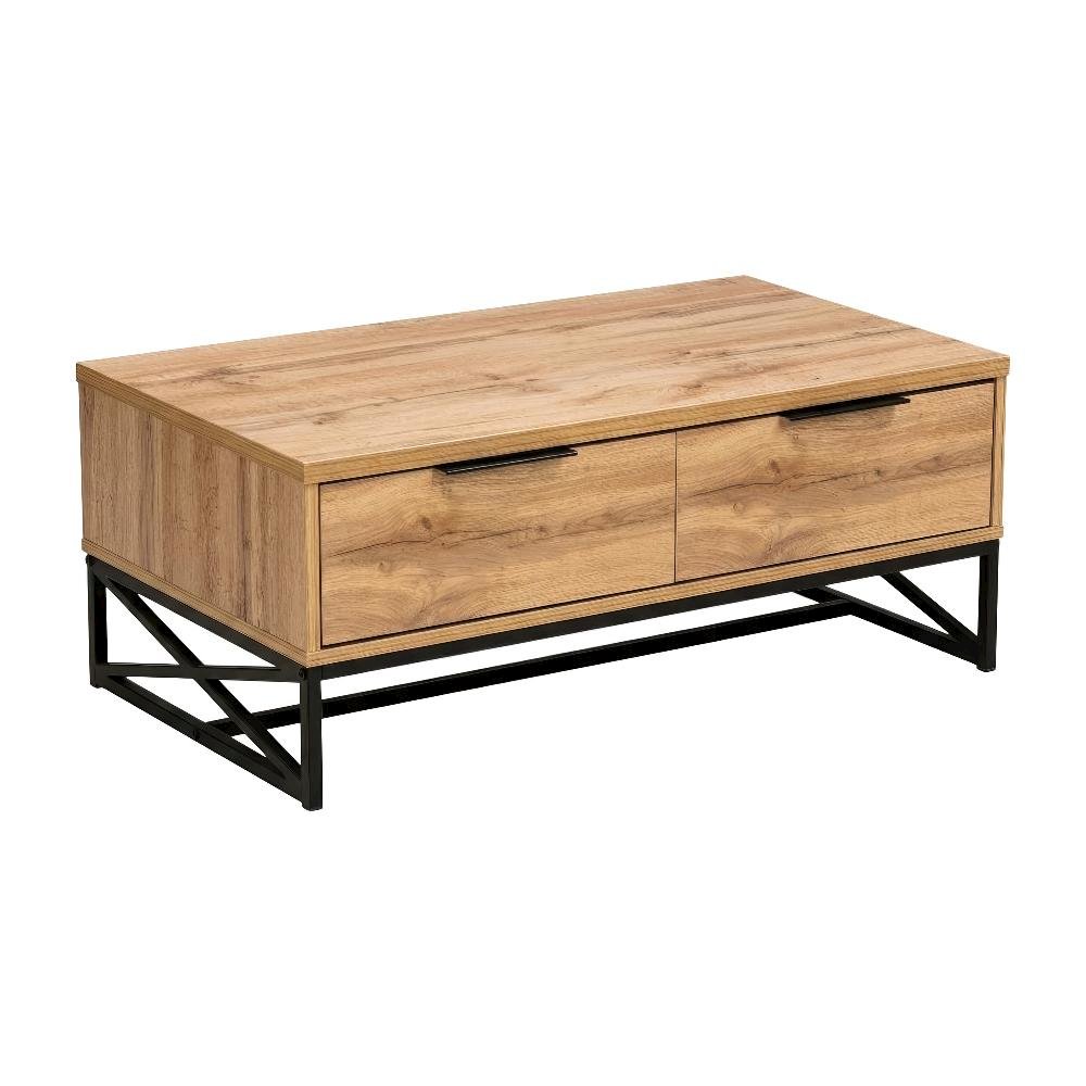 Brown Wood and Black Metal 2-Drawer Coffee Table MDF Frame Modern Design