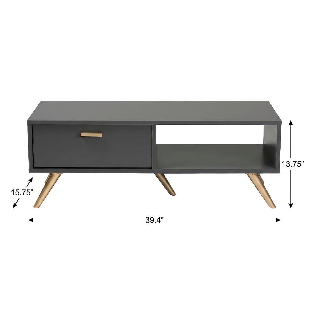 Dark Grey Wood Coffee Table with Gold Finish and Contemporary Design