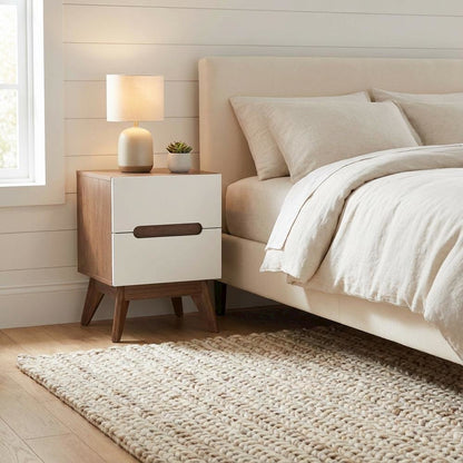 Mid-Century Modern Nightstand with White and Walnut Finish, 3-Drawer Storage