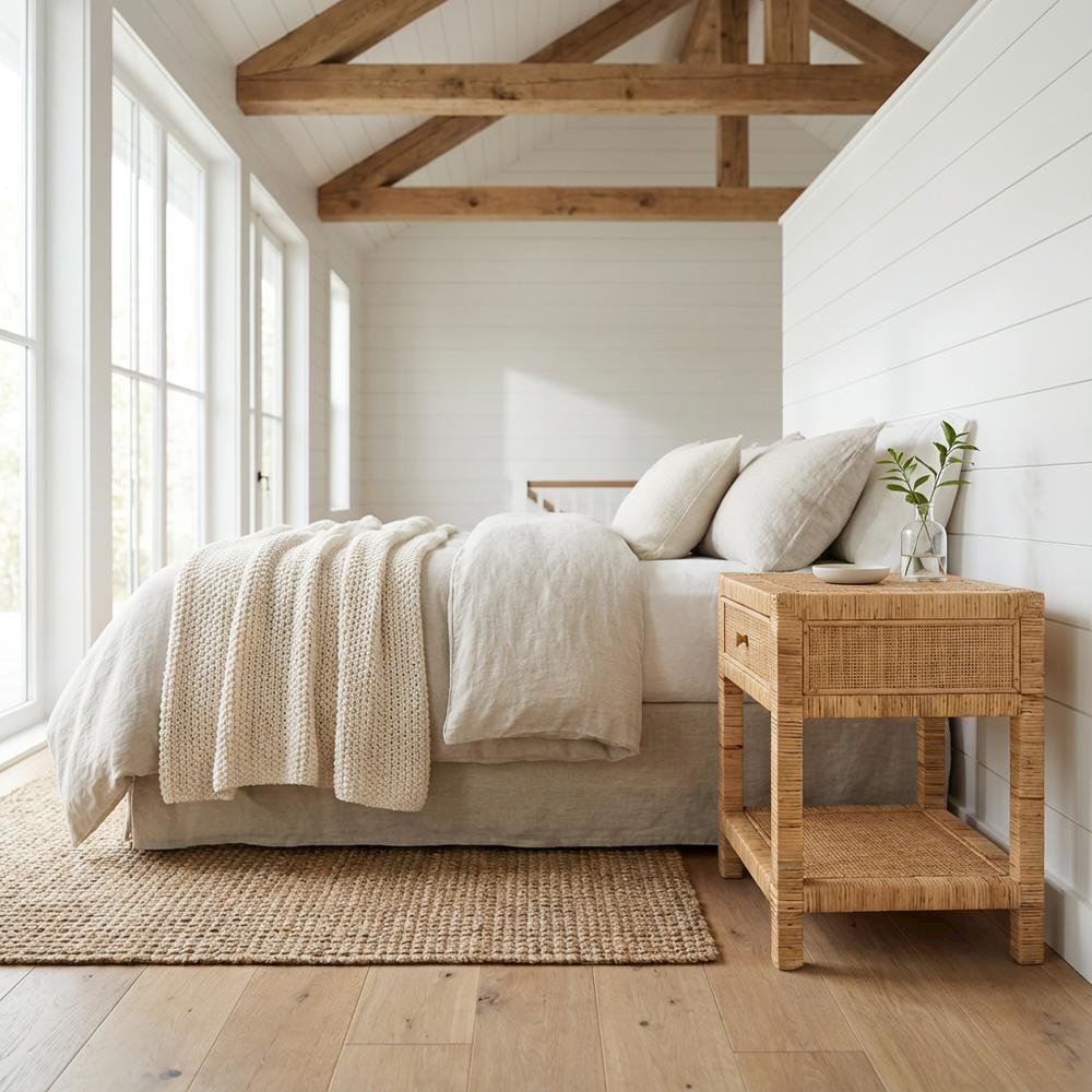 Bohemian Rattan and Mahogany Nightstand with Single Drawer and Stylish Design