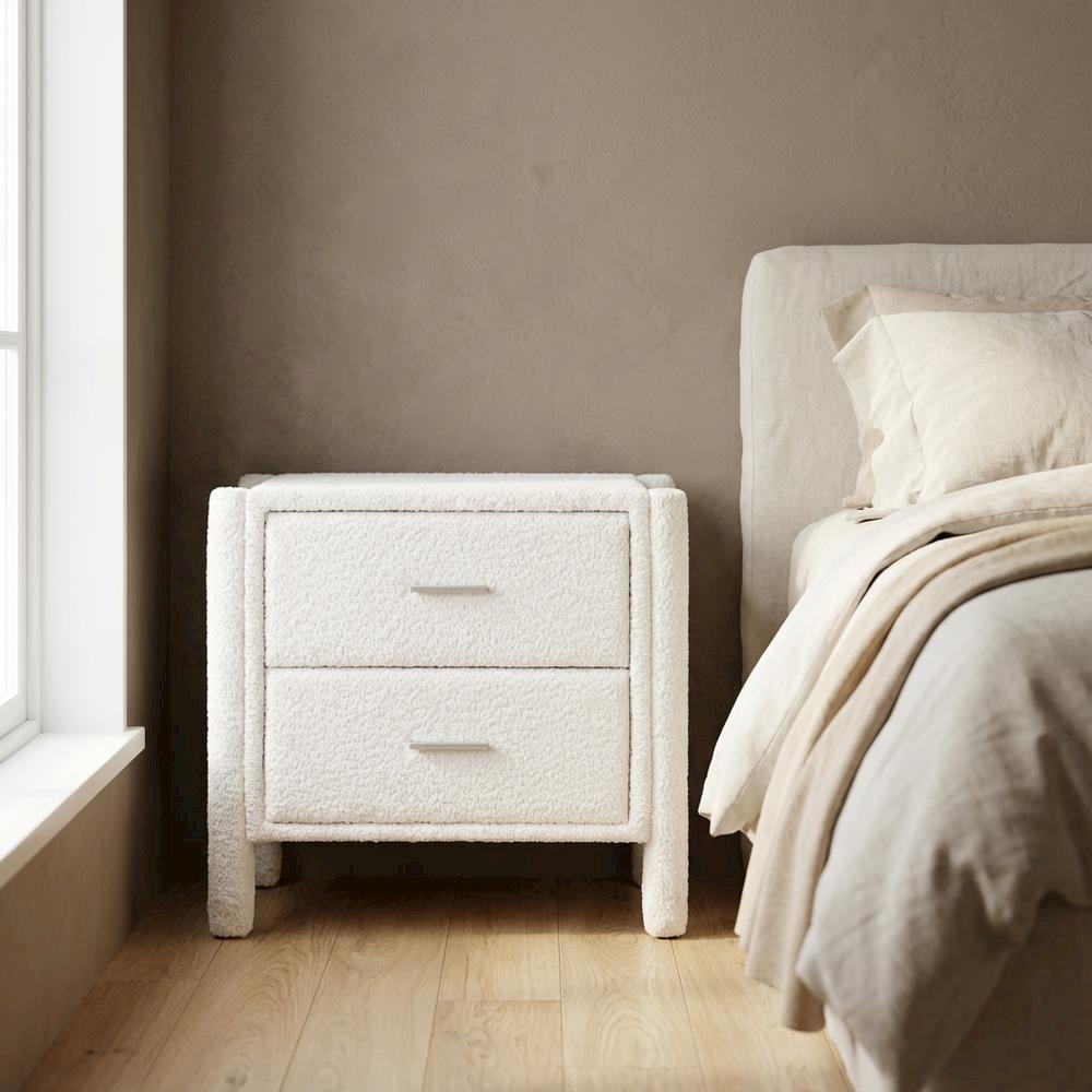 Modern White Teddy- Fabric Nightstand with 2 Drawers for Bedroom Decor