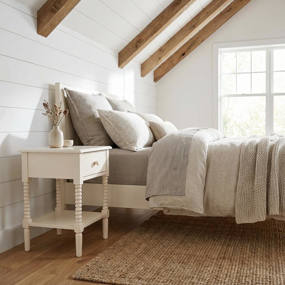 Ivory Farmhouse Nightstand with Spindle Wood Finish and Single Drawer