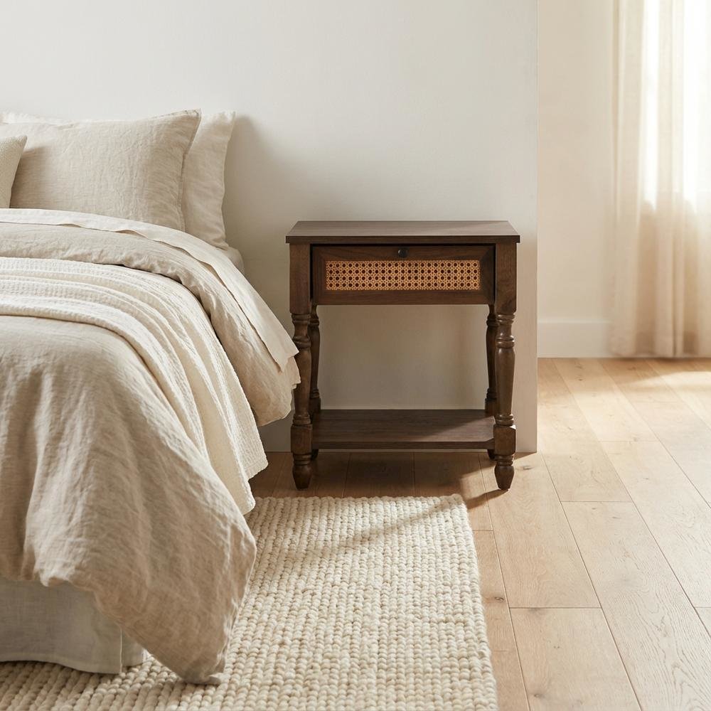 Dark Brown Nightstand with Rattan Accents and Wooden Legs