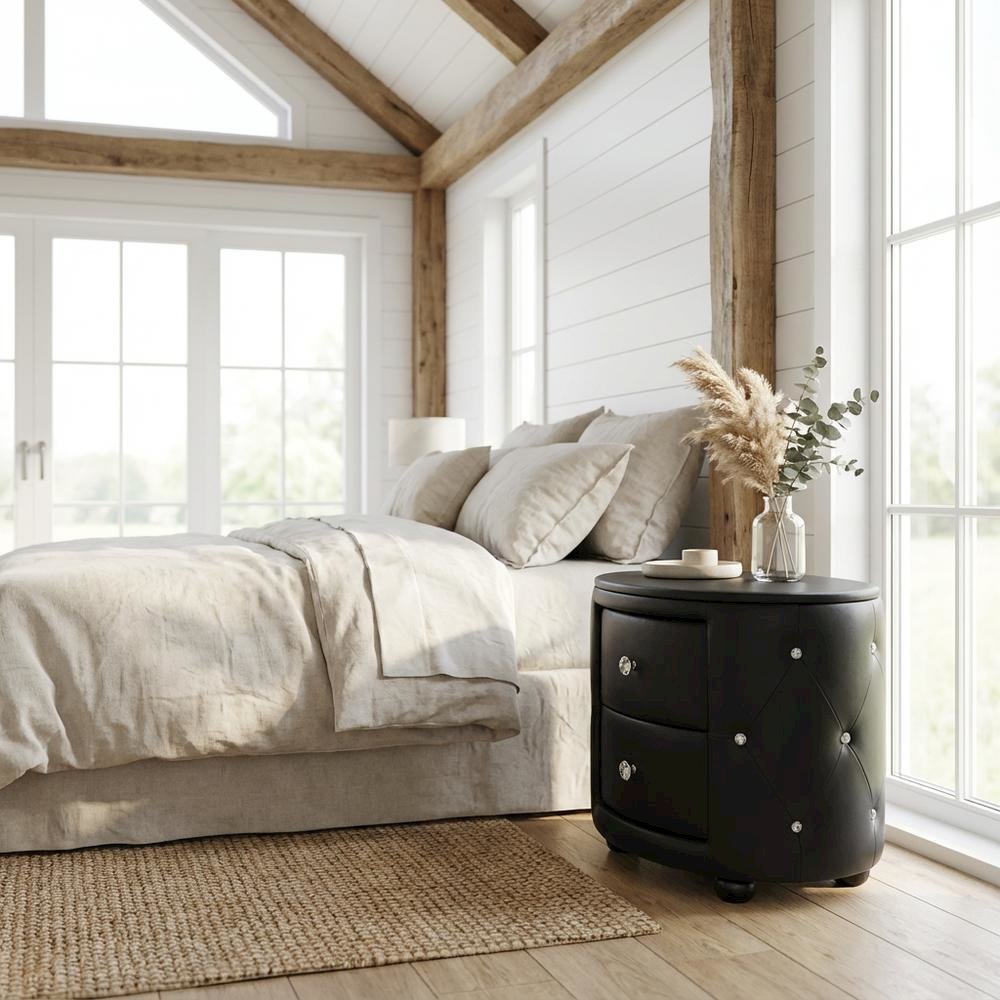 Glamour Style Black Faux Leather Nightstand with 2 Drawers and Oval Design