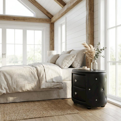 Glamour Style Black Faux Leather Nightstand with 2 Drawers and Oval Design