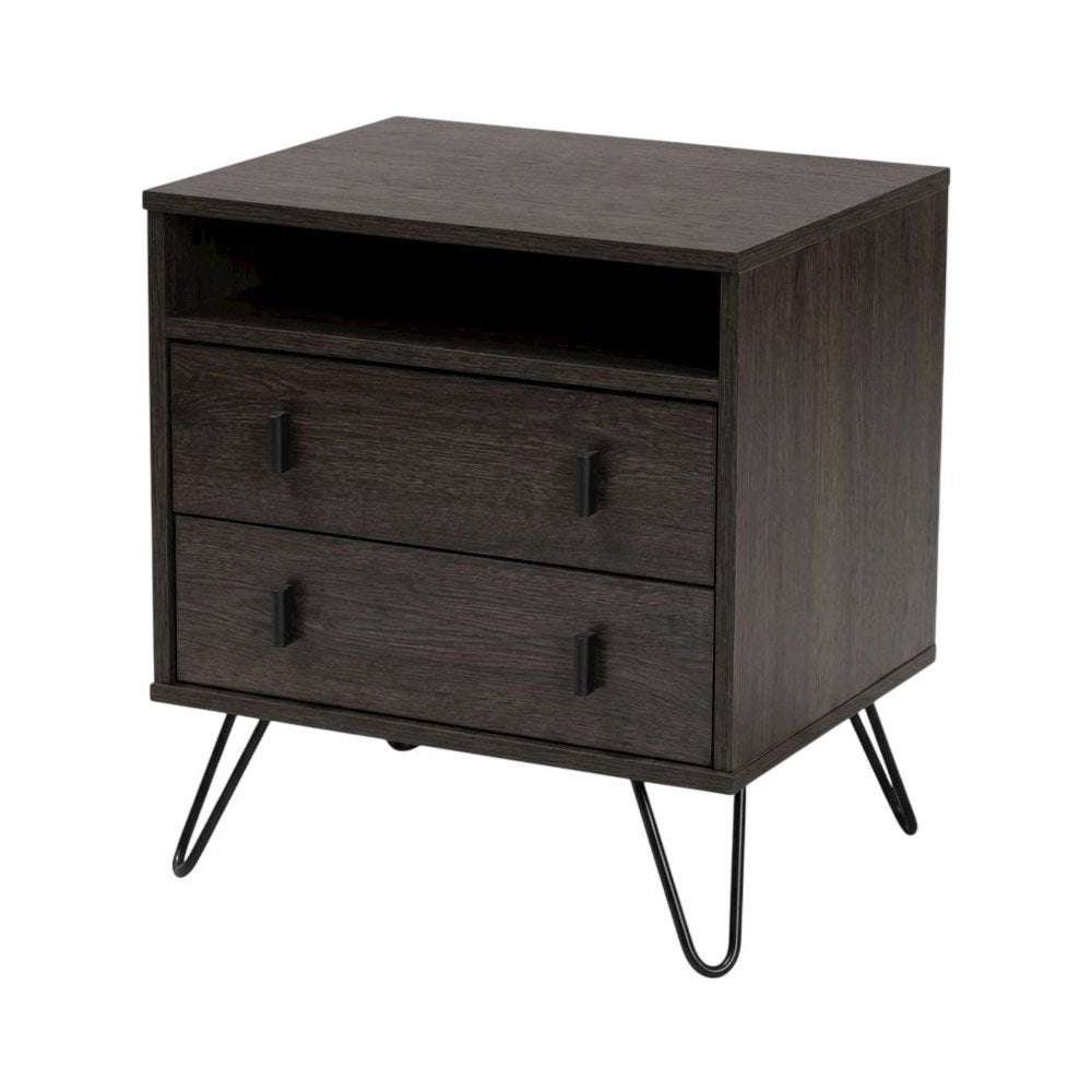 Dark Brown Finish Wood and Metal Nightstand with Drawer Storage for Bedroom