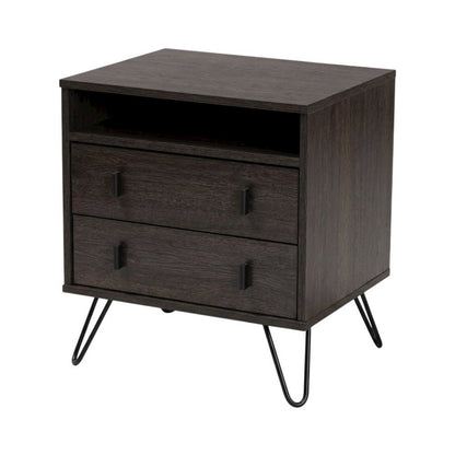 Dark Brown Finish Wood and Metal Nightstand with Drawer Storage for Bedroom