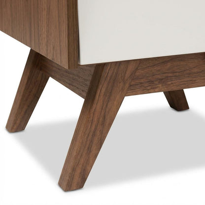 White Mid-Century Modern Nightstand with Walnut Finish and Storage