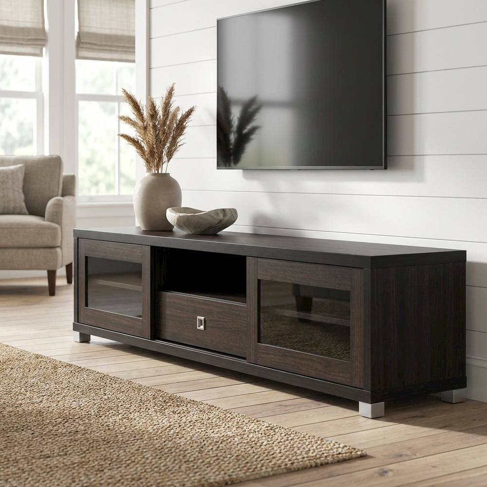 Contemporary Dark Brown TV Cabinet with Sliding Doors and Drawer