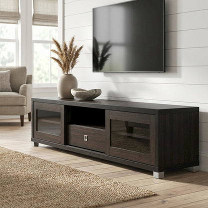 Contemporary Dark Brown TV Cabinet with Sliding Doors and Drawer