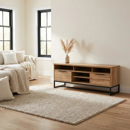 Black Wood and Metal TV Stand with Contemporary Design and 2 Drawers