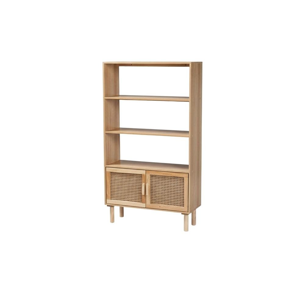 Wood and Rattan Bookcase with 2 Doors, Light Brown Finish for Living Room