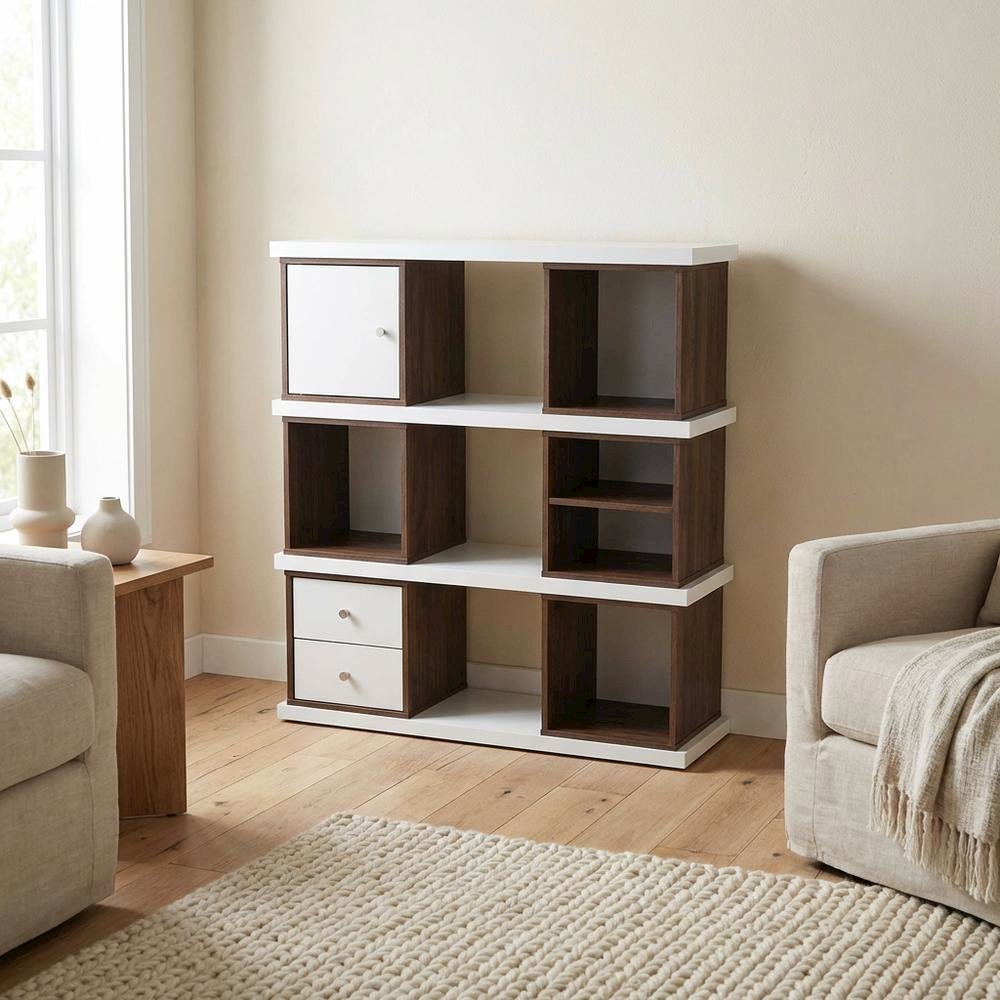 Modern Two-Tone White and Walnut Brown Bookcase with 2 Drawers