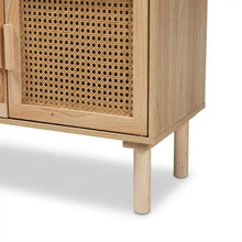Wood and Rattan Bookcase with 2 Doors, Light Brown Finish for Living Room