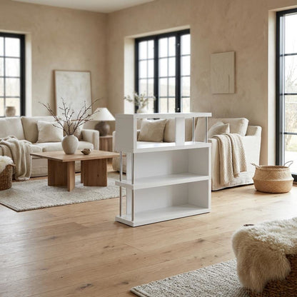 White Modern Bookcase with Three Shelves and Engineered Wood Construction