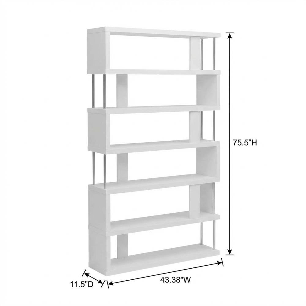 White Modern 6-Shelf Bookcase, Engineered Wood Construction, Transitional Style