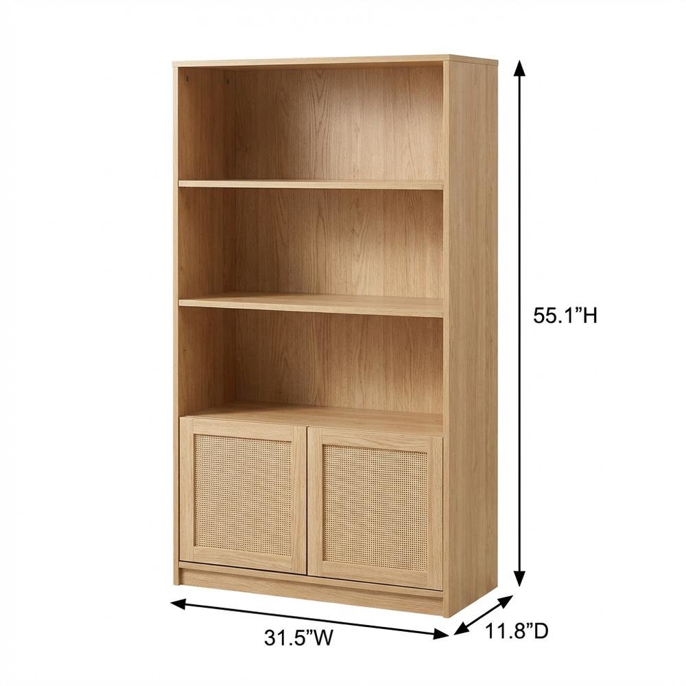 Wood and Rattan Bookcase with 2 Doors, Light Brown Finish for Living Room