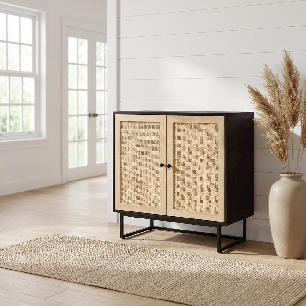 Wood And Rattan 2-Door Storage Cabinet With Mid-Century Style