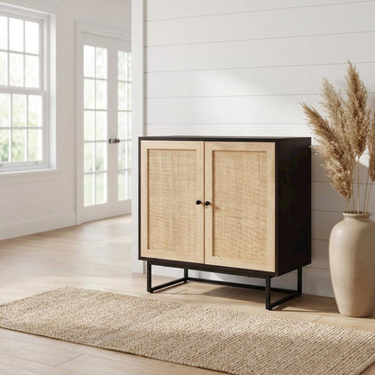 Wood And Rattan 2-Door Storage Cabinet With Mid-Century Style
