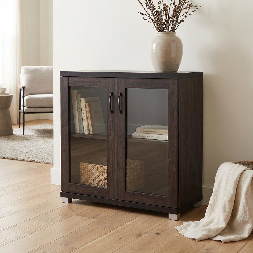 Dark Brown Sideboard Storage Cabinet With Glass Doors For Contemporary Living