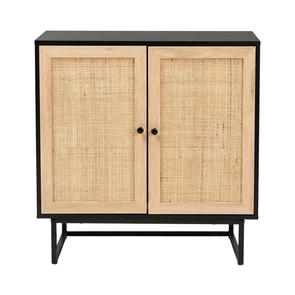 Wood And Rattan 2-Door Storage Cabinet With Mid-Century Style