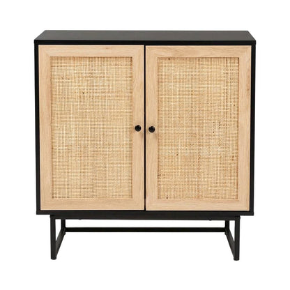 Wood And Rattan 2-Door Storage Cabinet With Mid-Century Style