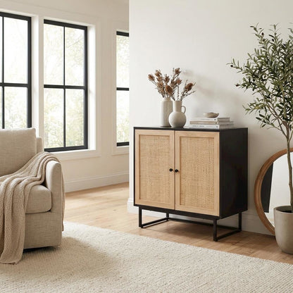 Wood And Rattan 2-Door Storage Cabinet With Mid-Century Style