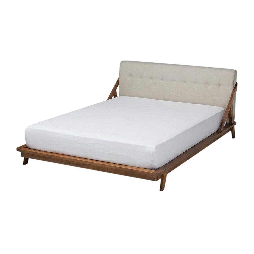 Mid-Century Modern Platform Bed in Light Beige Fabric with Button Tufting
