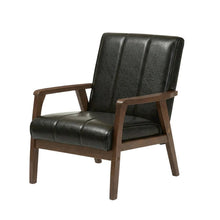 Black Faux Leather Scandinavian Lounge Chair with Wooden Frame