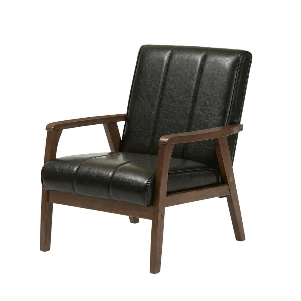 Black Faux Leather Scandinavian Lounge Chair with Wooden Frame