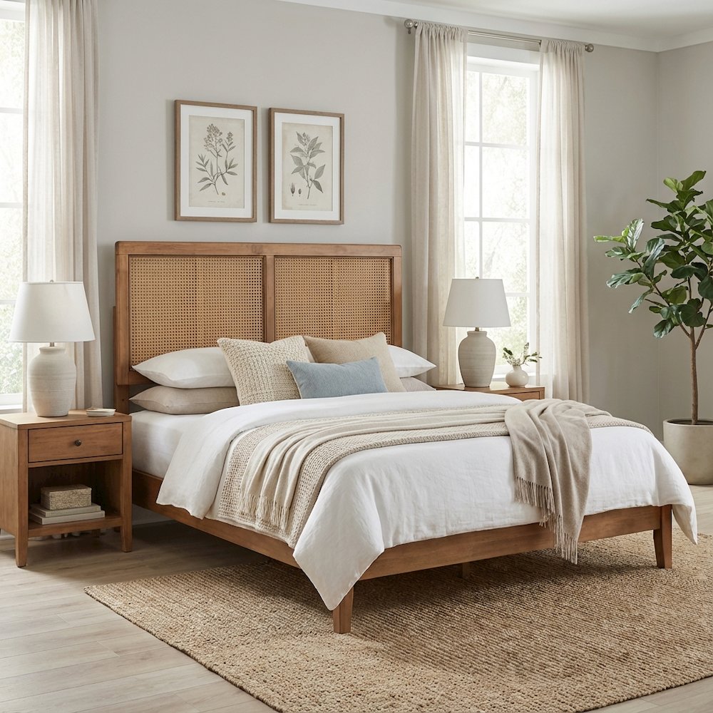 Ash Walnut Finished Queen Headboard with Synthetic Rattan and Rubberwood Frame
