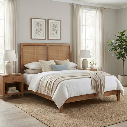 Ash Walnut Finished Queen Headboard with Synthetic Rattan and Rubberwood Frame