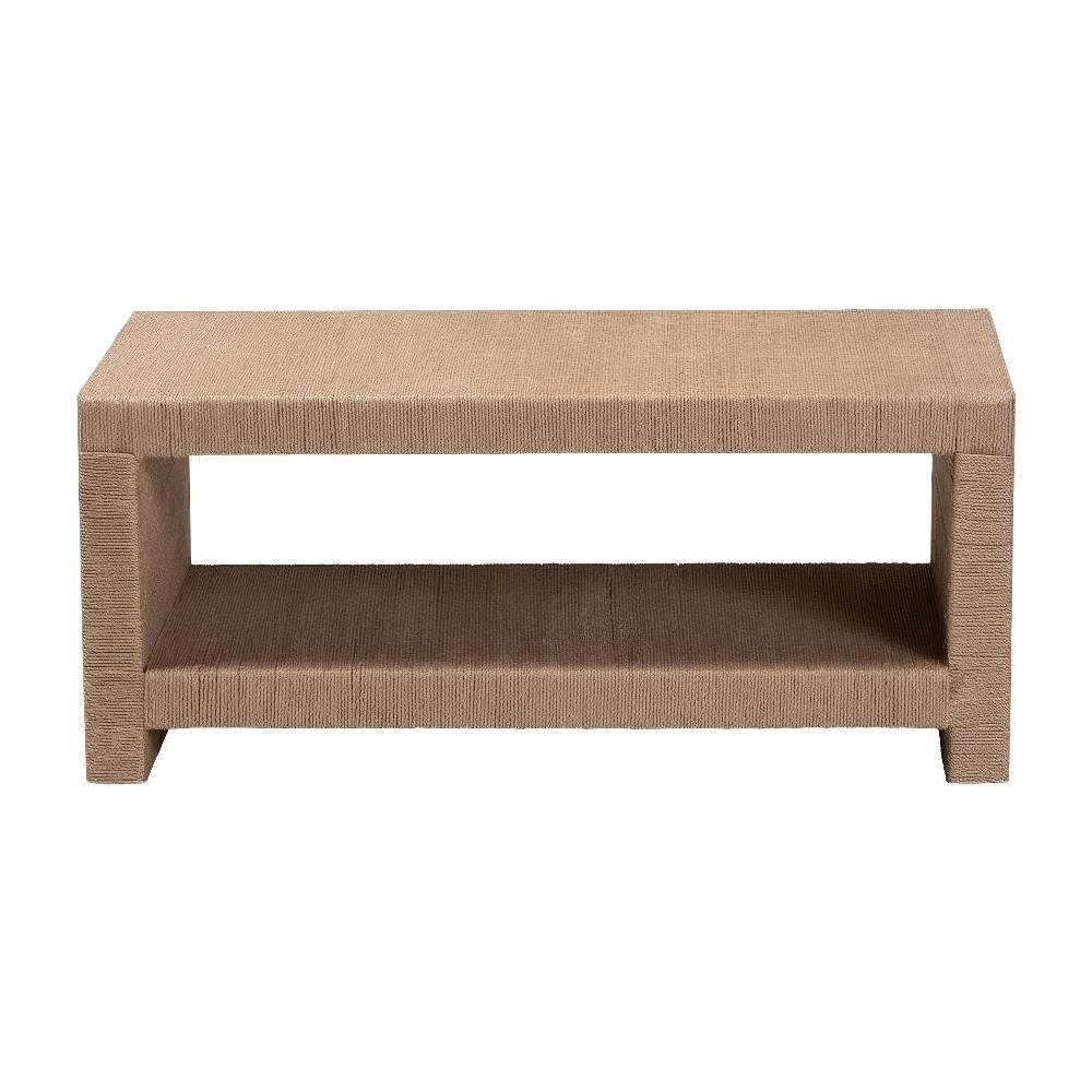 Warm Brown Rectangular Coffee Table with Handwoven Jute Top and MDF Legs
