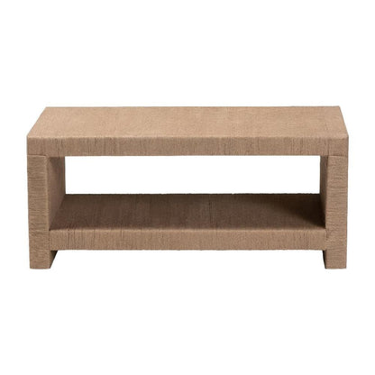 Warm Brown Rectangular Coffee Table with Handwoven Jute Top and MDF Legs