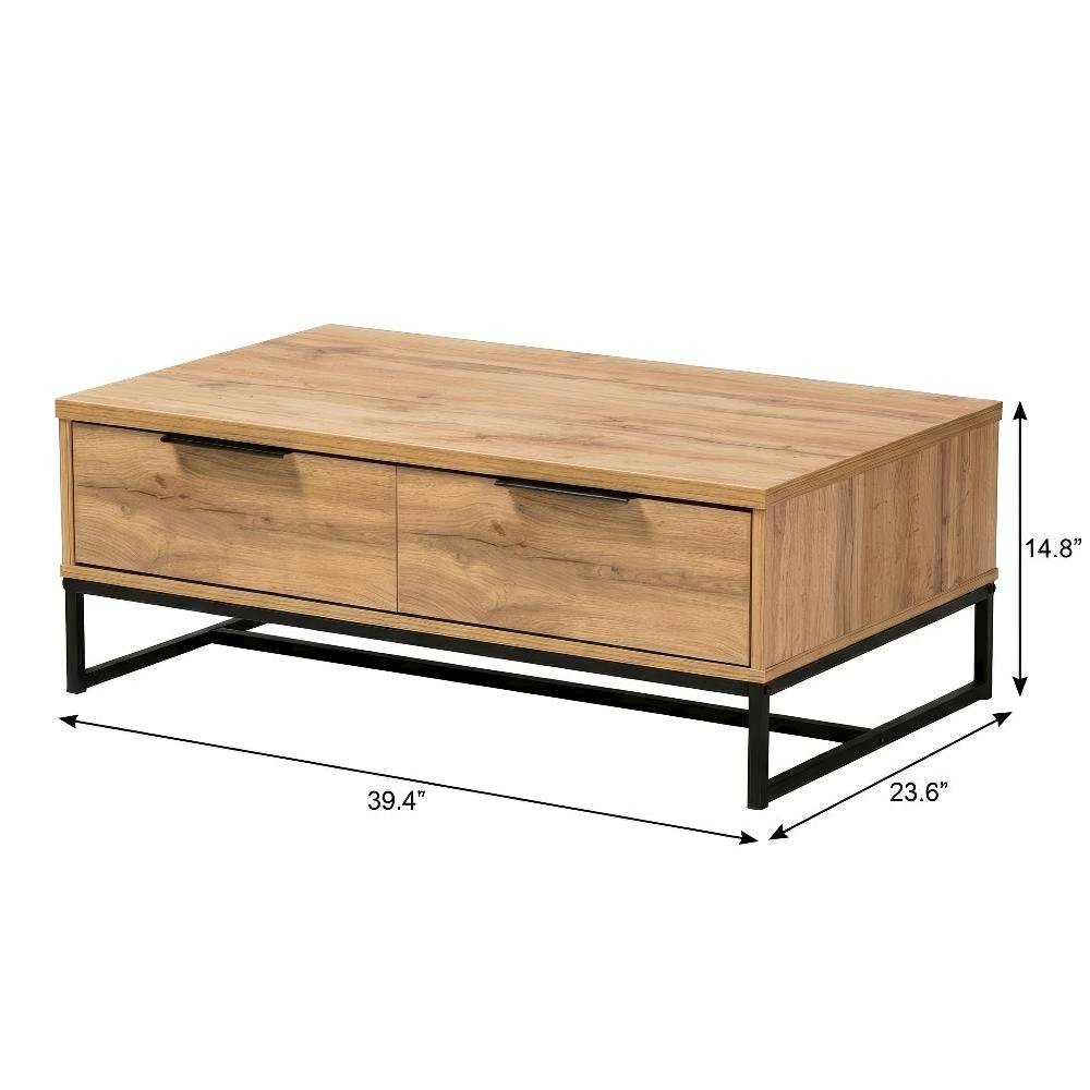 Brown Wood and Black Metal 2-Drawer Coffee Table MDF Frame Modern Design