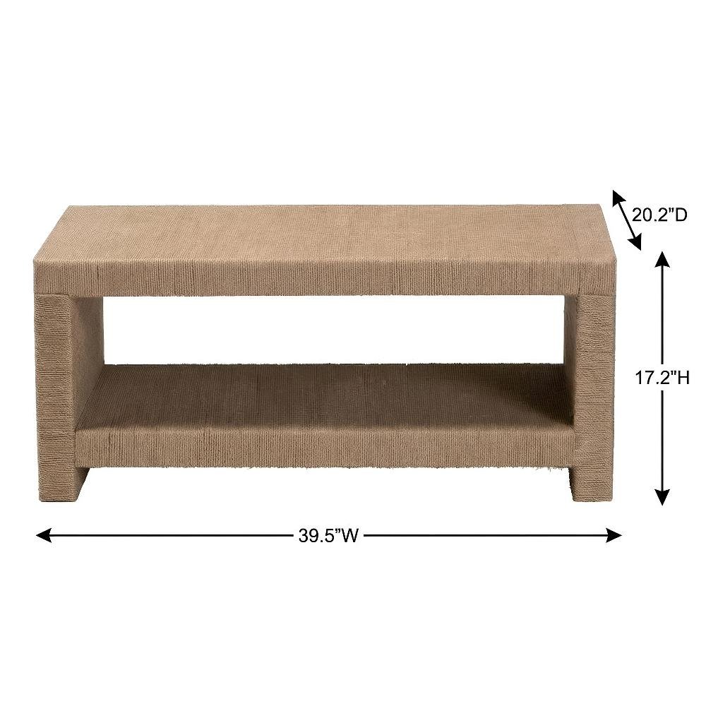 Warm Brown Rectangular Coffee Table with Handwoven Jute Top and MDF Legs