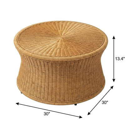 Genuine Rattan Round Coffee Table with Handwoven Wicker Drum Shape