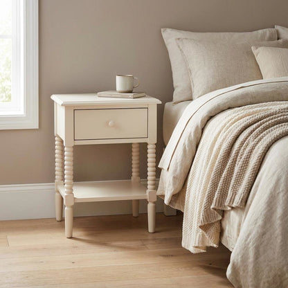 Ivory Farmhouse Nightstand with Spindle Wood Finish and Single Drawer