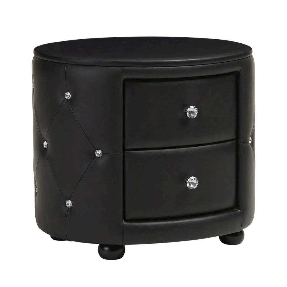 Glamour Style Black Faux Leather Nightstand with 2 Drawers and Oval Design