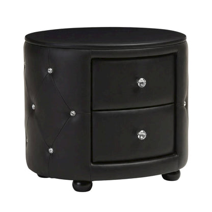 Glamour Style Black Faux Leather Nightstand with 2 Drawers and Oval Design