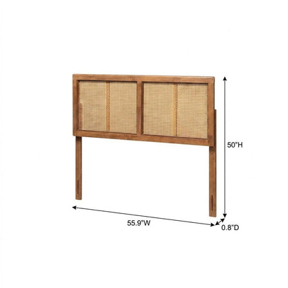 Brown Ash Walnut Finished Wood Headboard, Synthetic Rattan Frame, Mid-Century