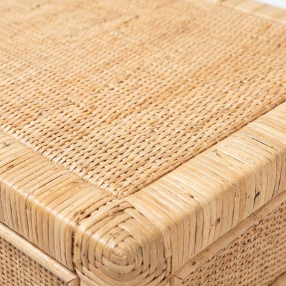 Bohemian Rattan and Mahogany Nightstand with Single Drawer and Stylish Design