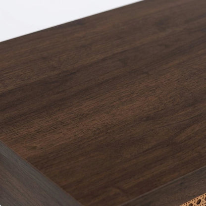 Dark Brown Nightstand with Rattan Accents and Wooden Legs